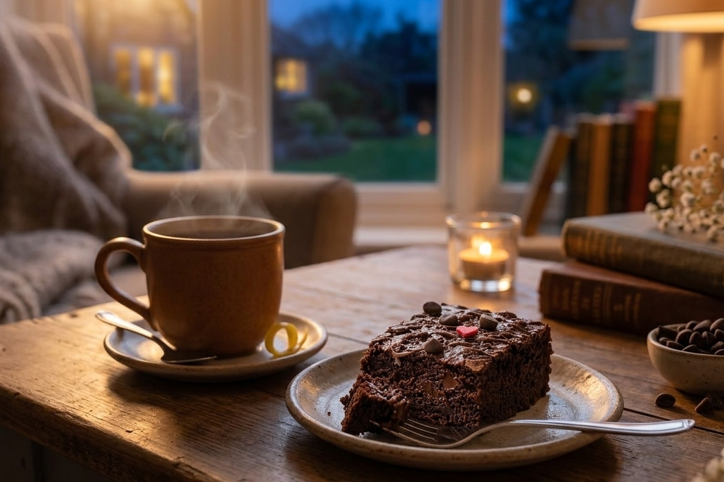 cake slice with coffee from dessert places nearby in evening setting