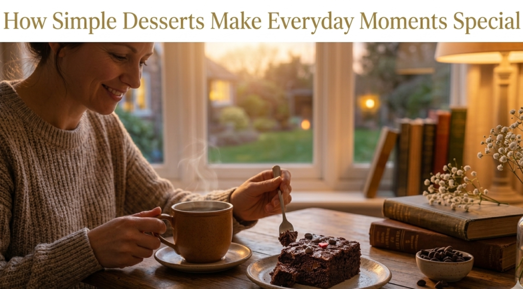 brownie with tea from dessert places nearby in a cozy home setting